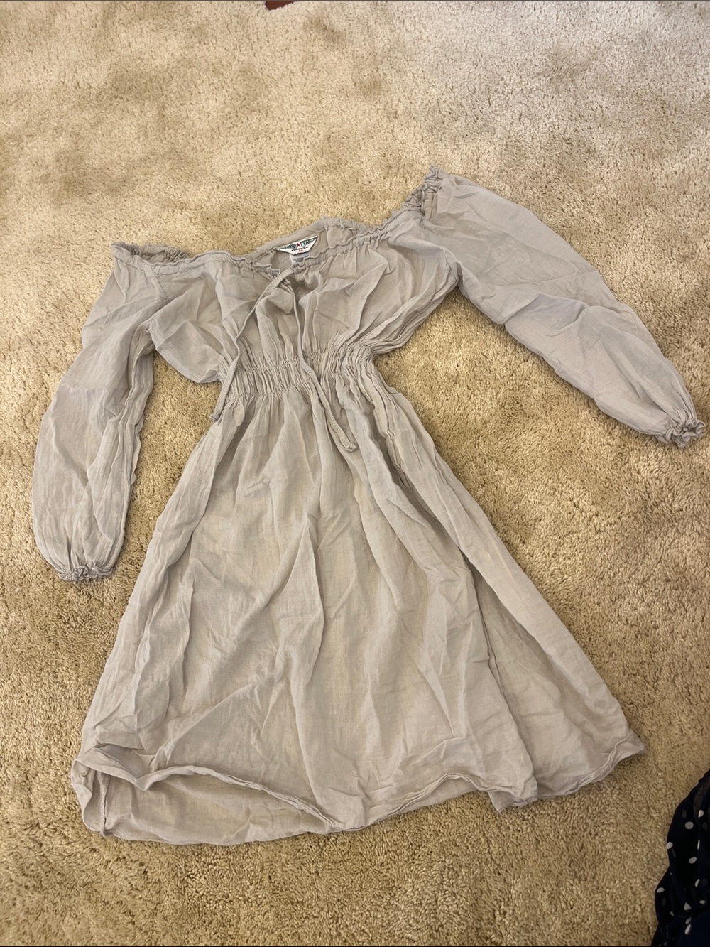 Girls Off-Shoulder Long Sleeve Dress in Light Taupe